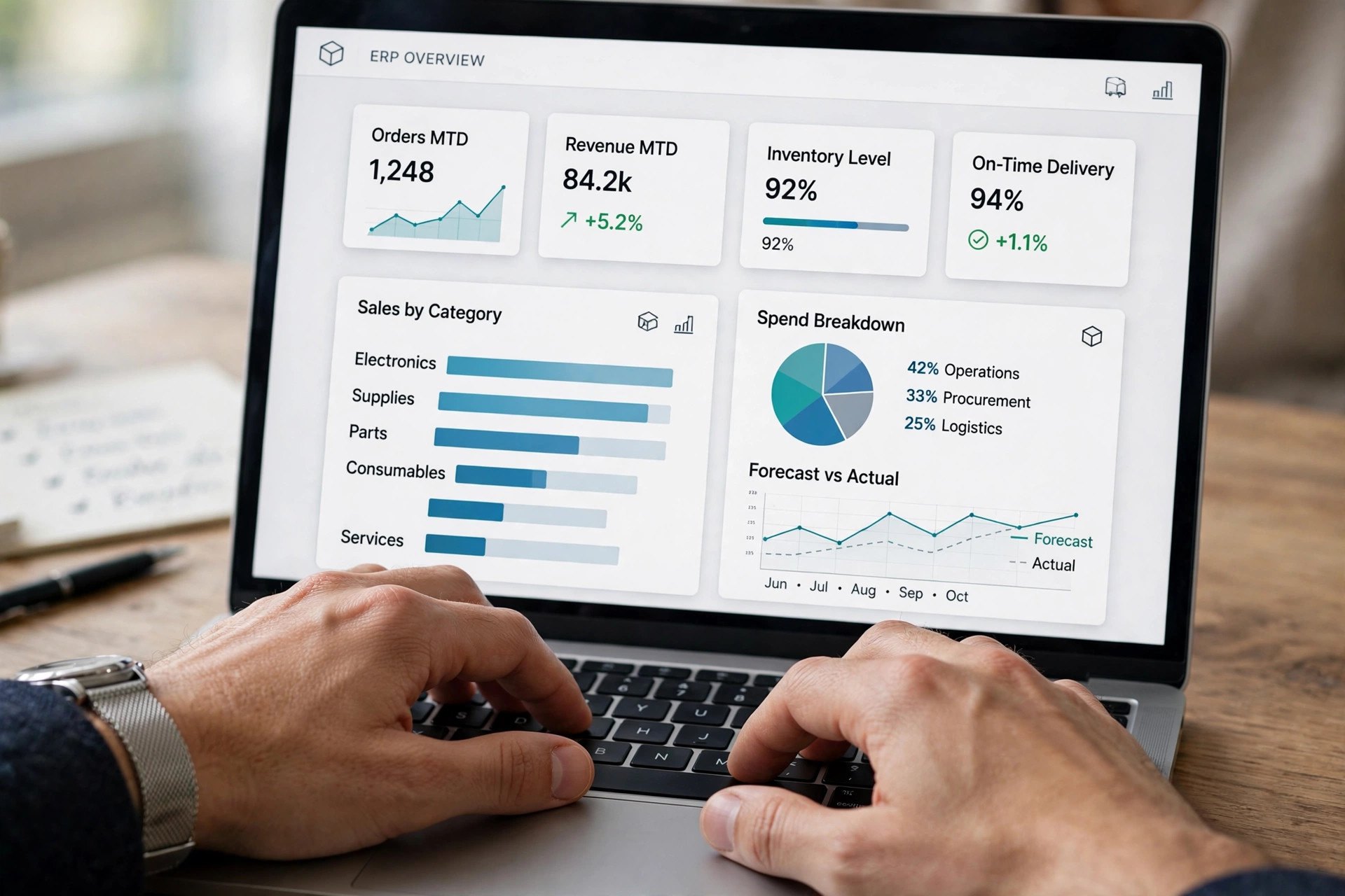 Consultant reviewing an abstract ERP dashboard on a laptop